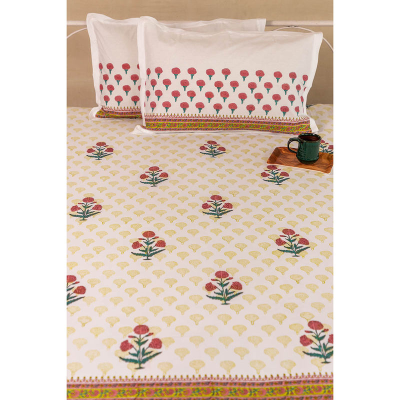 ADYA Marsala Marigold Hand Block Printed Cotton Bedsheet with Pillow Covers (King)