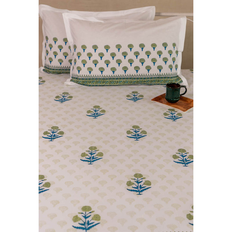 ADYA Mint & Mystic Blue Marigold Hand Block Printed Cotton Bedsheet with Pillow Covers (King)