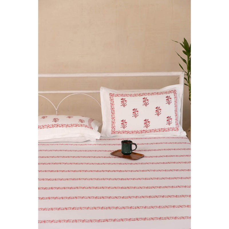 ADYA Hibiscus Tulip Hand Block Printed Cotton Bedsheet with Pillow Covers (King)