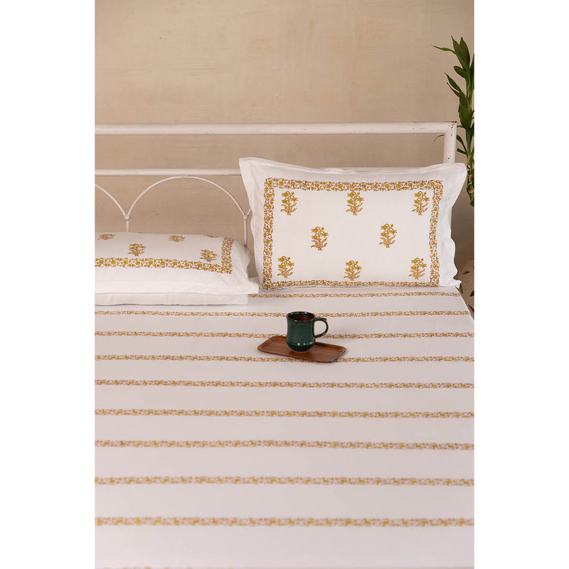 ADYA Lime Tulip Hand Block Printed Cotton Bedsheet with Pillow Covers (King)