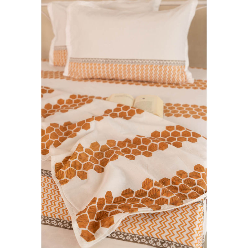 ADYA Mustard & Ash Honeycomb Hand Block Printed Cotton Dohar (Queen)