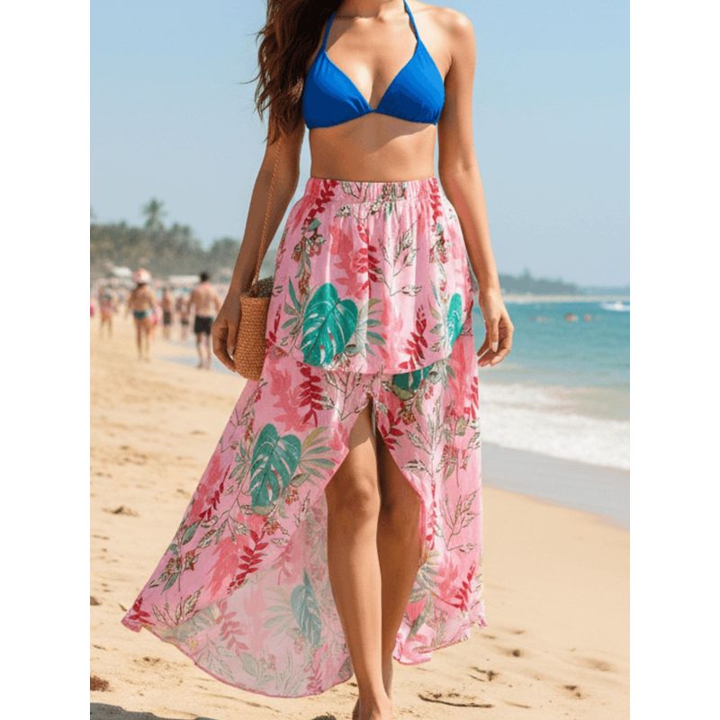 Buy Addery Pink Tropical Floral Ruffle High-Low Maxi Skirt Online