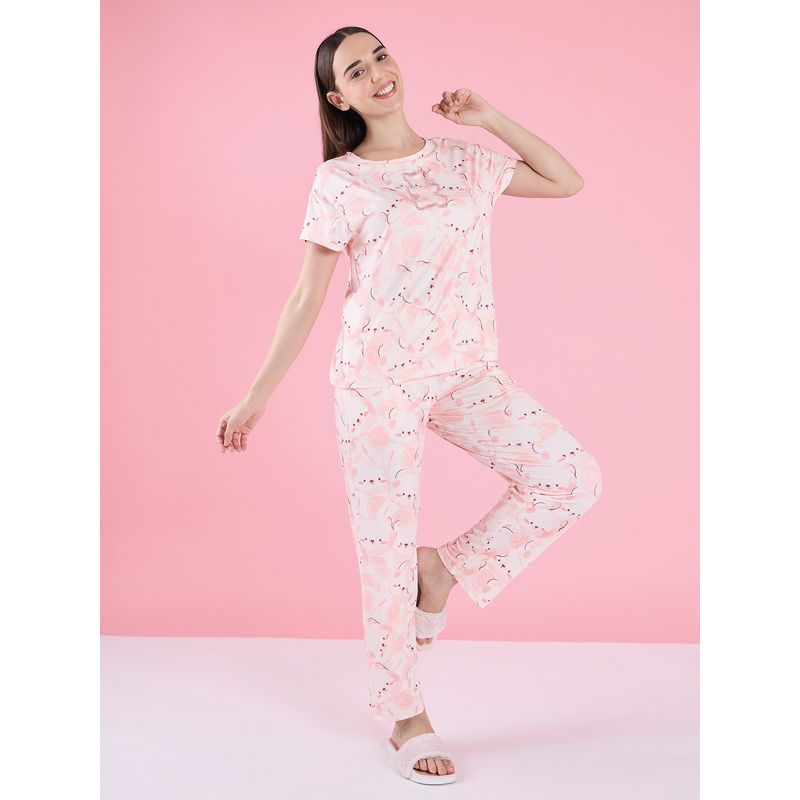 Sweet Dreams Womens Cartoon Printed Top And Pyjama Peach (S)