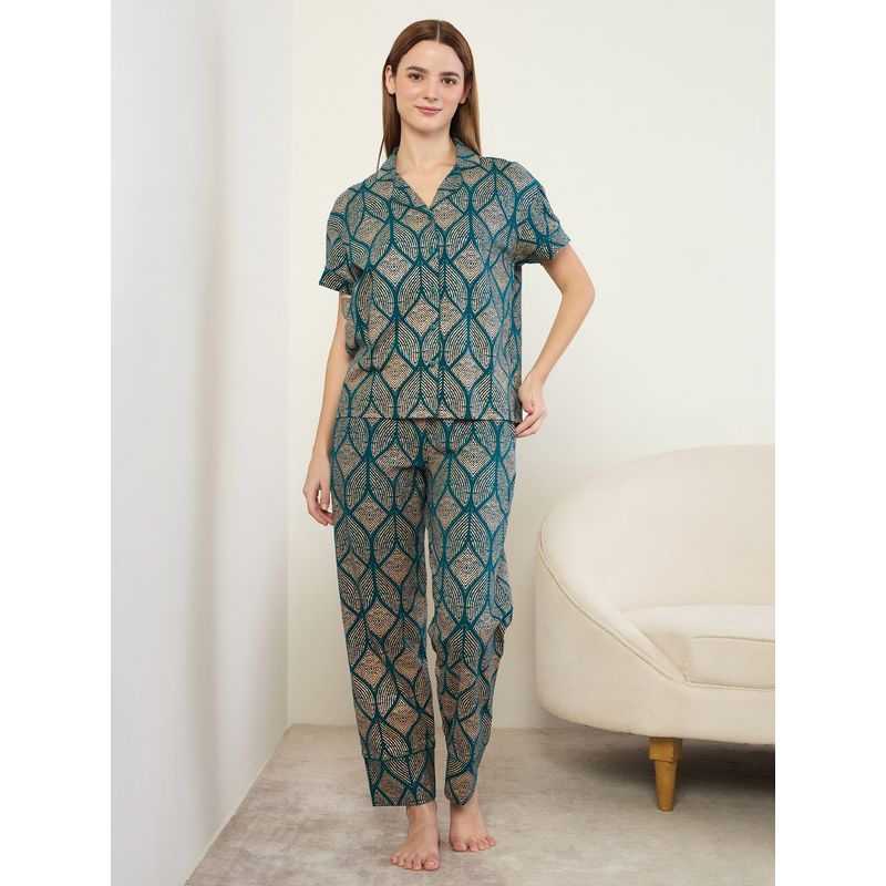 Sweet Dreams Womens Geometric Printed Front Open Shirt And Pyjama Green (S)