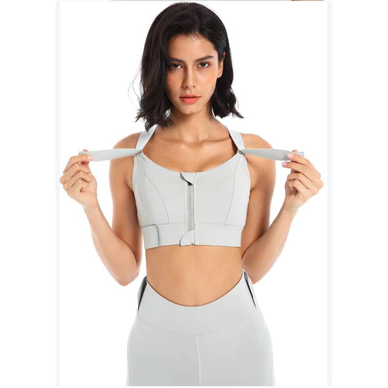 BRACHY Women Plus Size Front Zip High Impact Adjustable Straps Sport Bra Grey (M)
