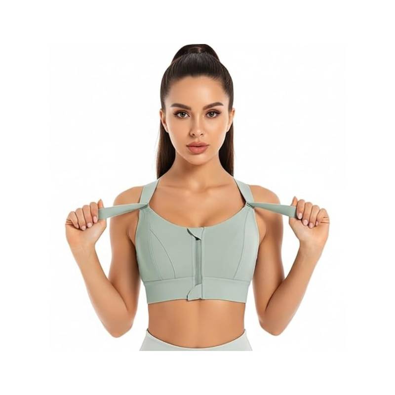 BRACHY Women Plus Size Front Zip High Impact Adjustable Straps Sport Bra Grey (L)