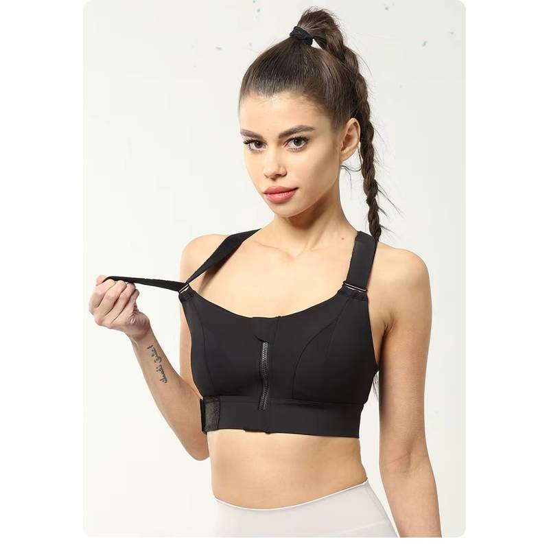 BRACHY Women Plus Size Front Zip High Impact Adjustable Straps Sport Bra Black (L)