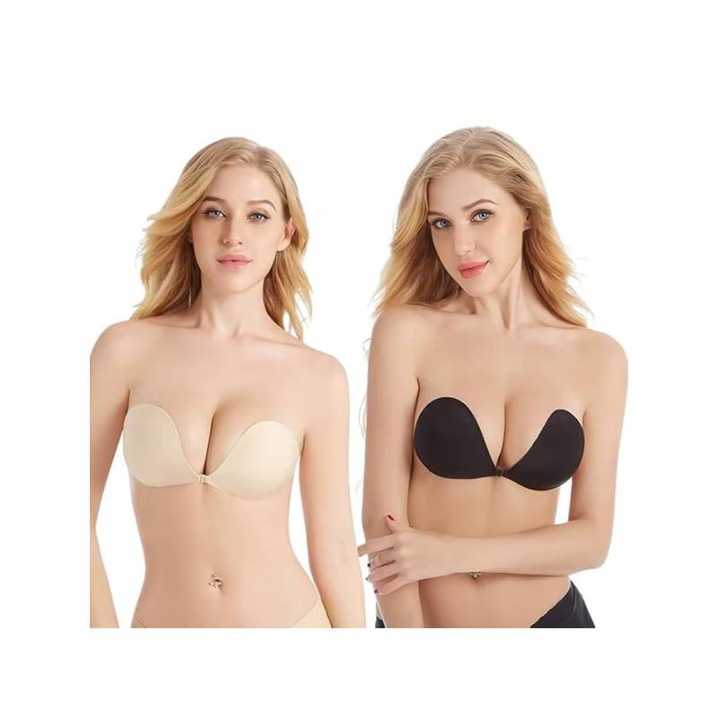 BRACHY Silicone Adhesive Invisible Sticky Strapless Plunge Bra Multi-Color (Pack of 2) (M)