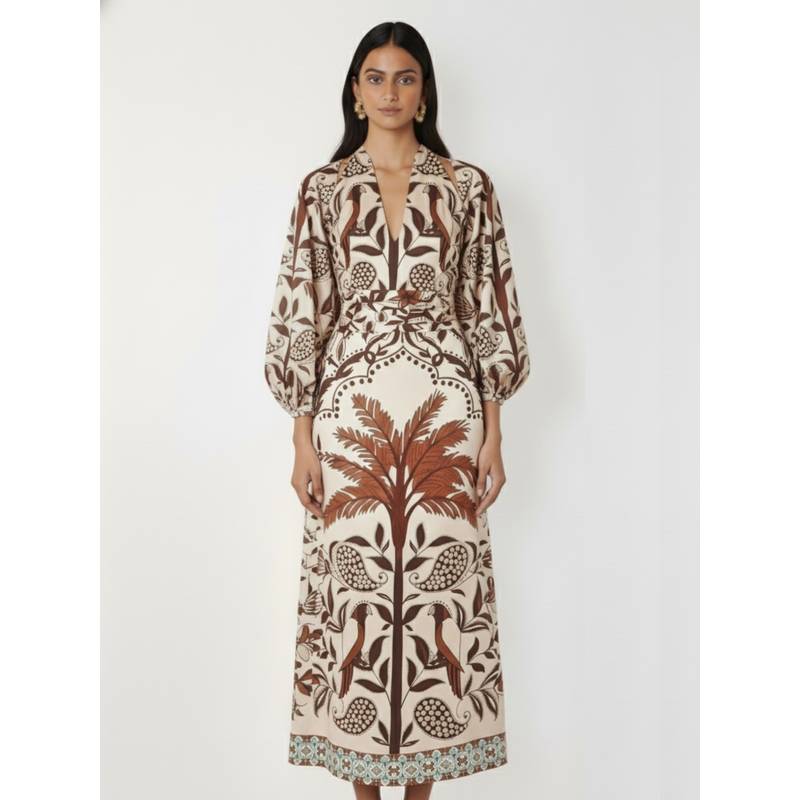 WomanLikeU Brown Printed Full Sleeve Dress (S)