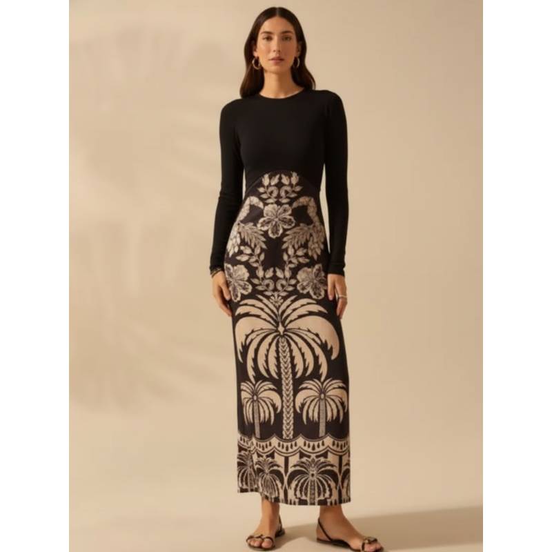 WomanLikeU Black Full Sleeve Stretchable Maxi Dress (M)