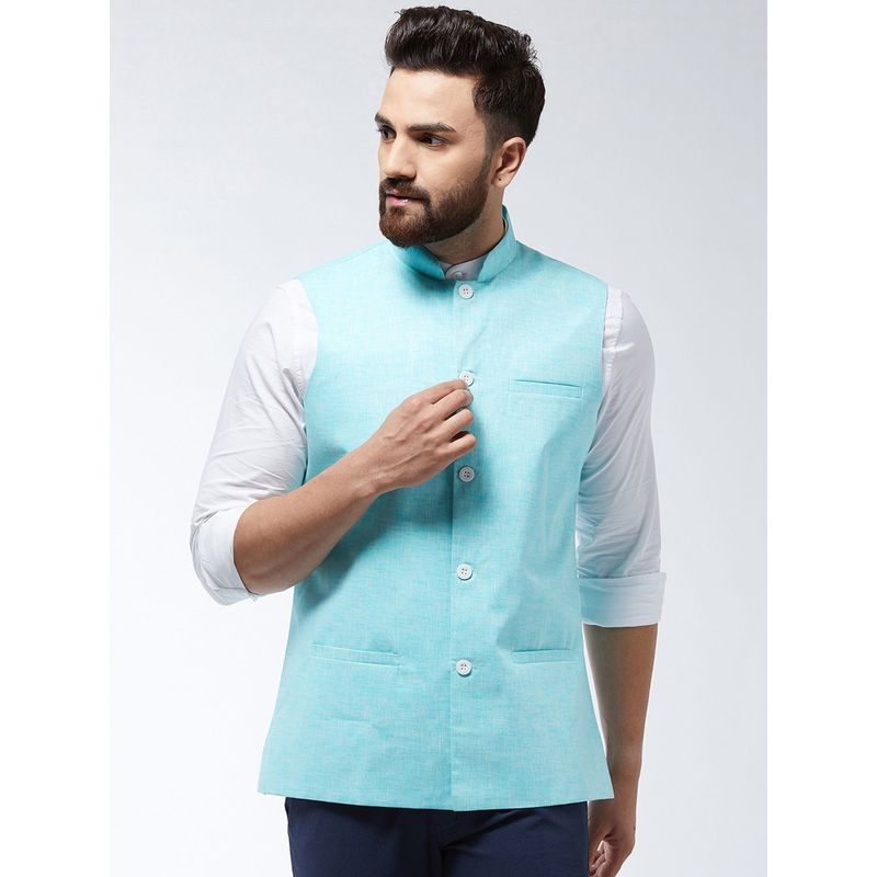 SOJANYA Cotton Linen Blend Sky Blue Nehru Jacket (M)