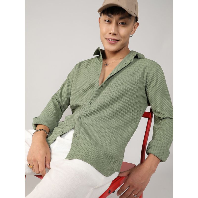 Campus Sutra Textured Micro Buffalo Check Casual Shirt - Green (S)
