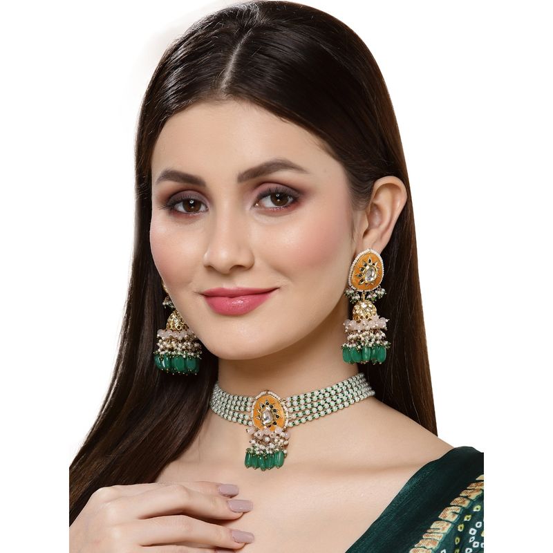 Dugran By Dugristyle Orange and Green Jhumkas Earring with Kundan and