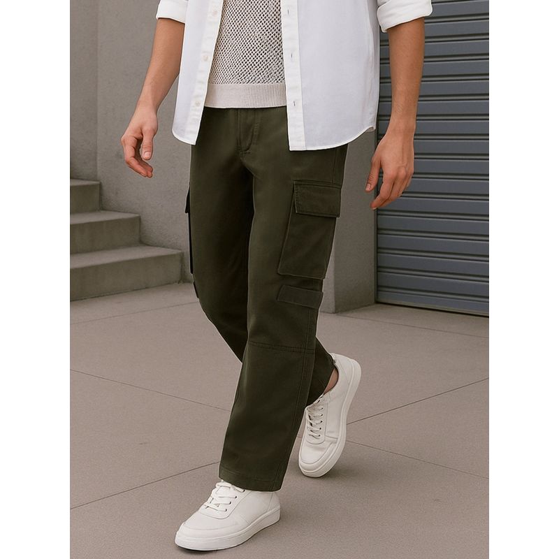 Bewakoof Men's Olive Green Baggy Straight Fit Cargo Pants (32)