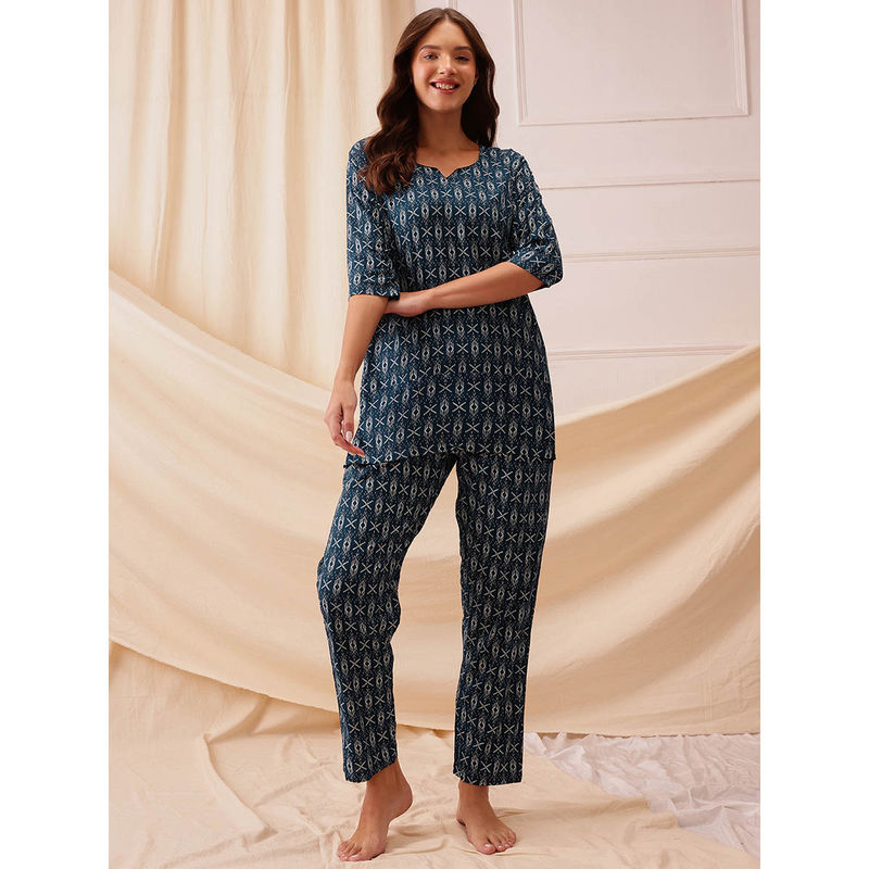 Clovia Rayon Printed Top and Pyjama Blue (Set of 2) (S)