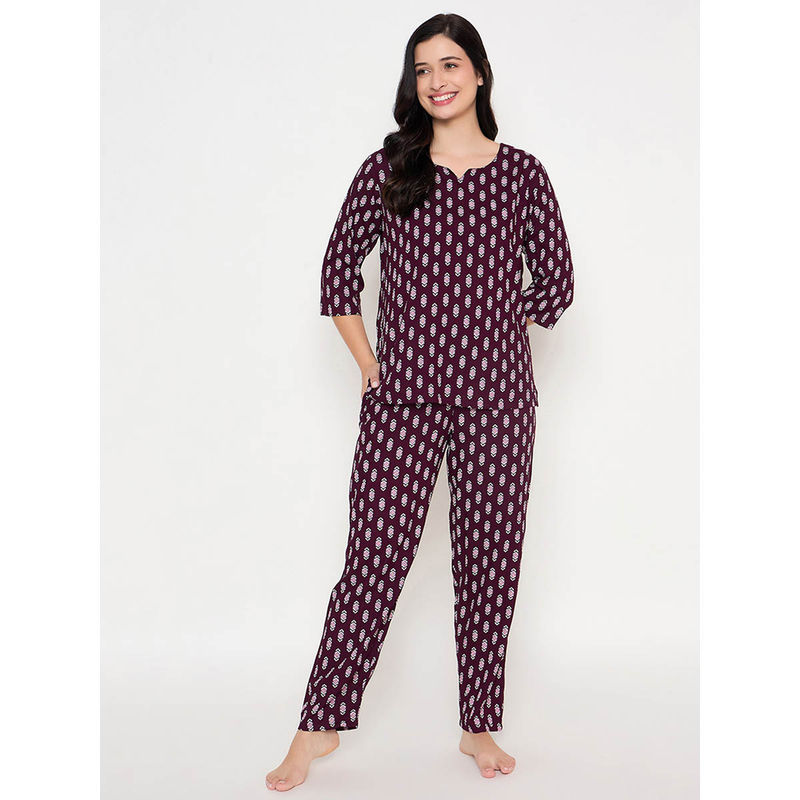 Clovia Rayon Printed Top and Pyjama Purple (Set of 2) (S)