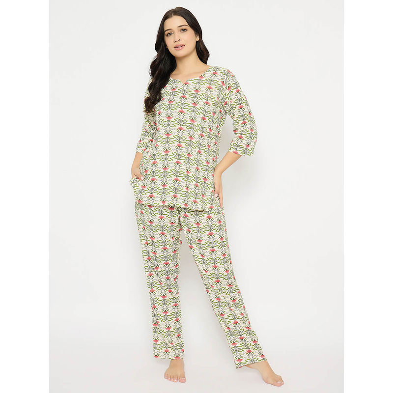 Clovia Rayon Printed Top and Pyjama White (Set of 2) (S)