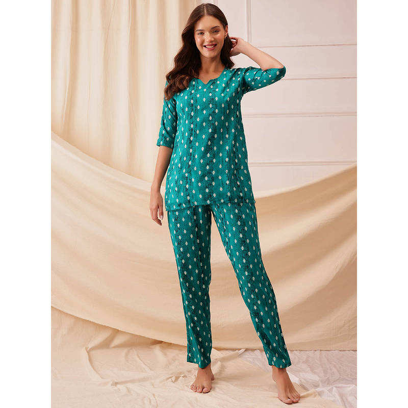 Clovia Rayon Floral Printed Top and Pyjama Teal (Set of 2) (S)