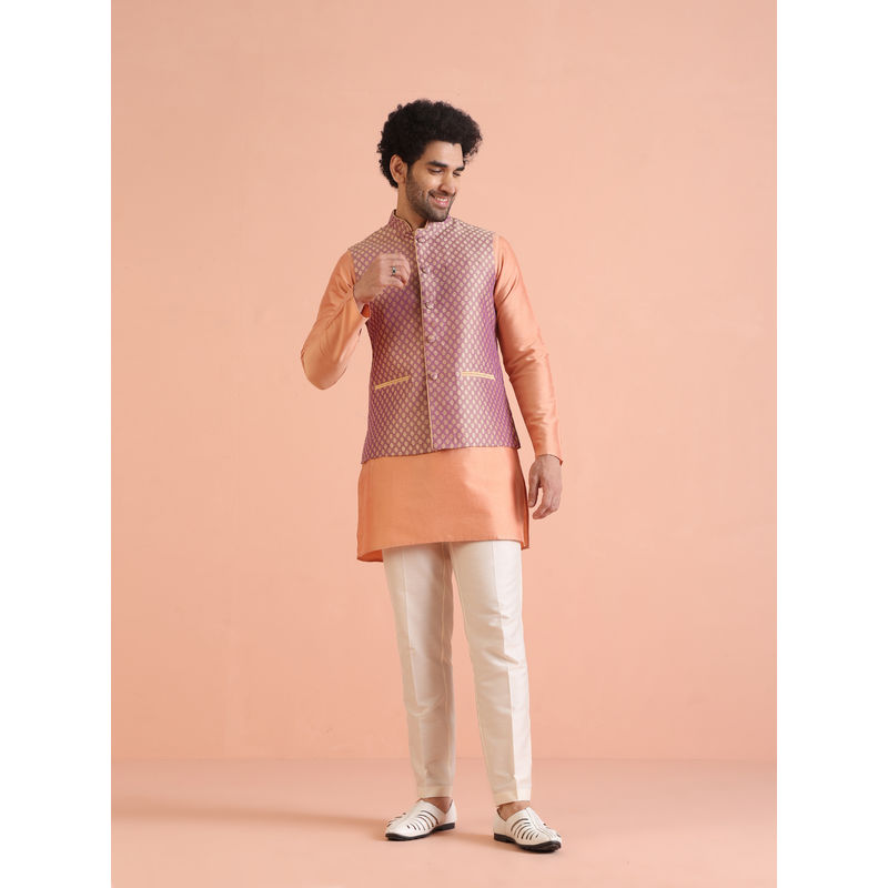 KISAH Men Peach Ethnic Kurta with Jacket & Pant