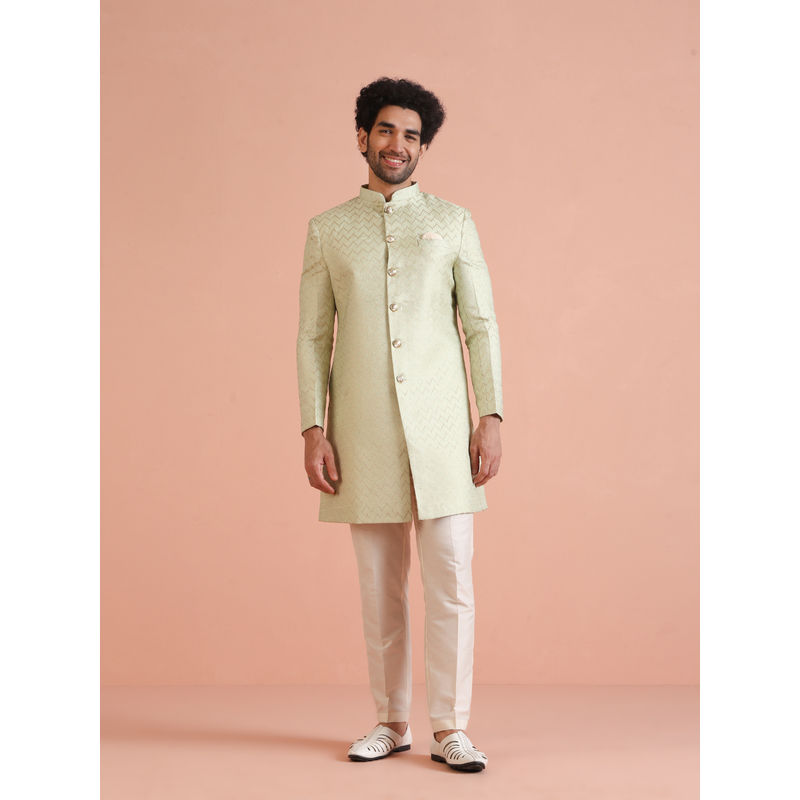 KISAH Men Green Self Design Sherwani with Pant (Set of 2) (38)