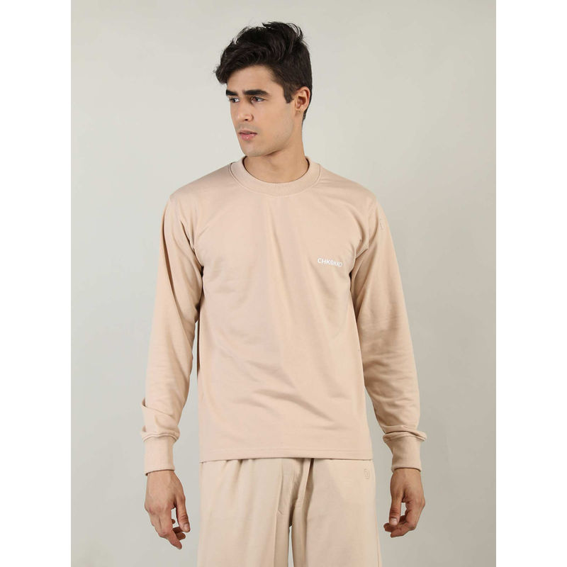 Chkokko Men Beige Terry Cotton Loose Fit Full Sleeves Sweatshirt (M)