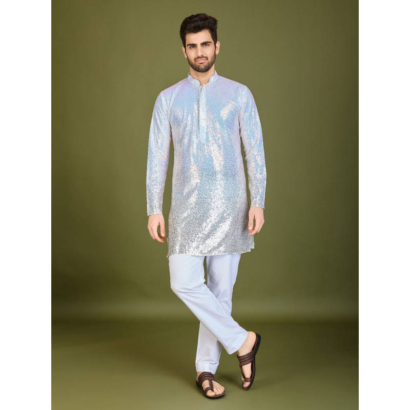 Odette White Georgette Embellished Stitched Kurta For Men (XL)