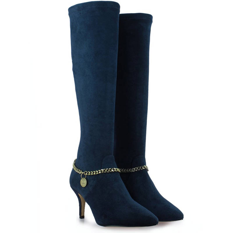 Saint G Women Navy Stretch Suede Leather Knee High Boots (EURO 40) (EURO 40)