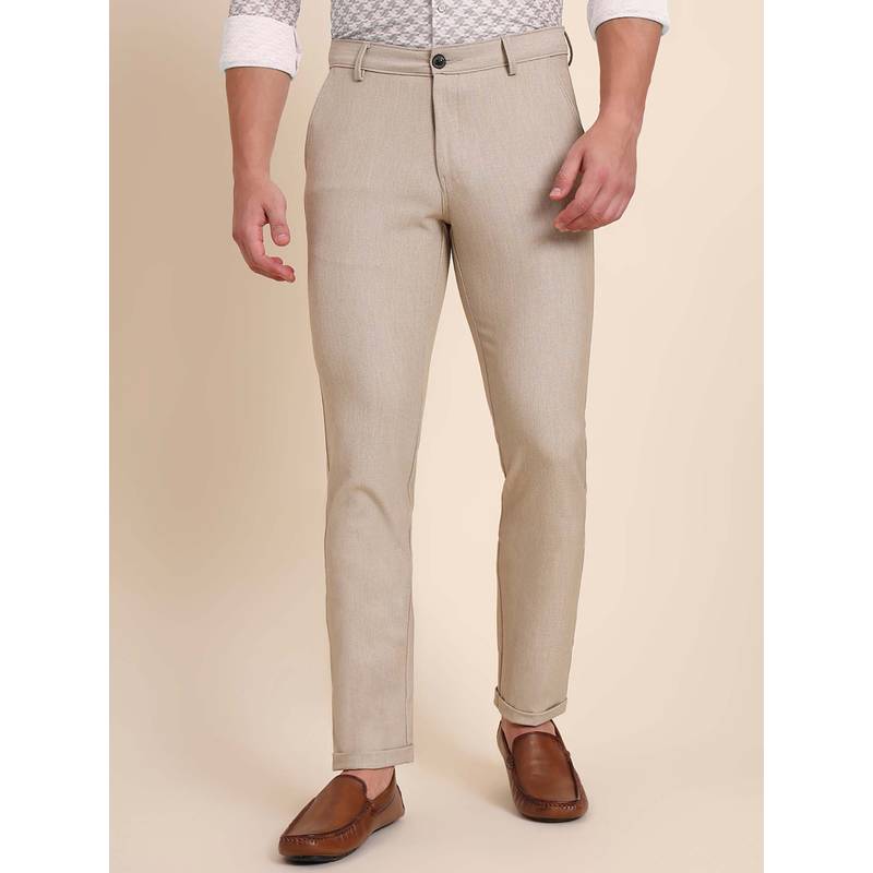 JB Studio Beige Cotton Blend Solid Club Wear Slim Fit Trouser (34)