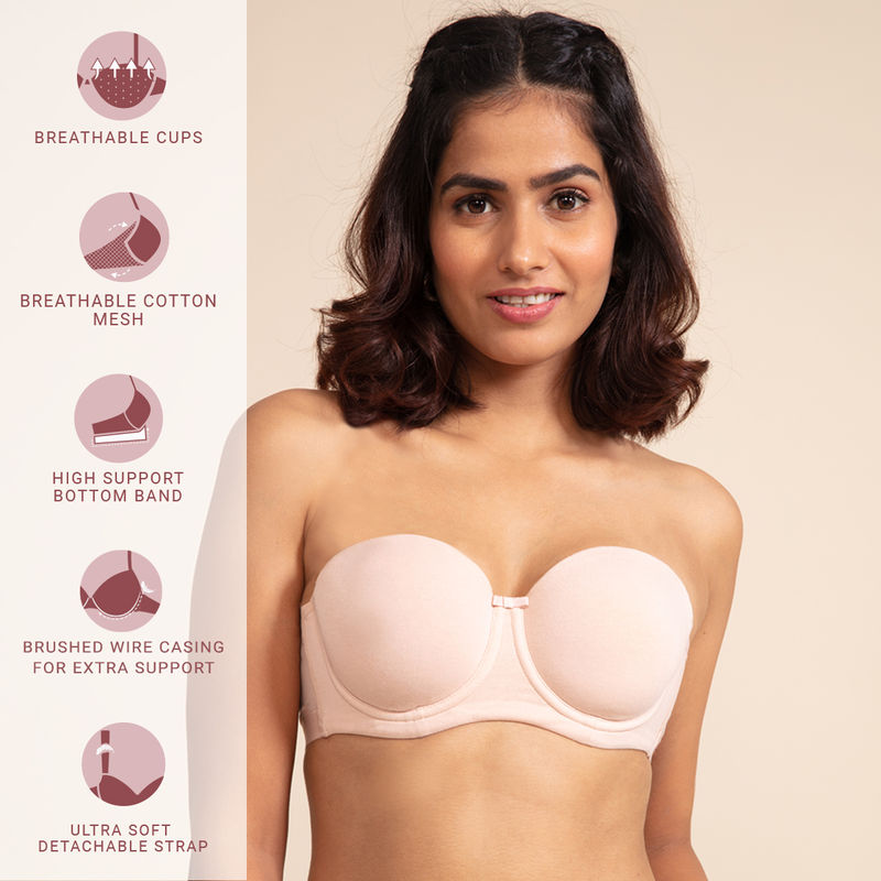 Nykd by Nykaa Breathe Cotton Padded wired Strapless bra Medium coverage - Nude NYB172 (32B)