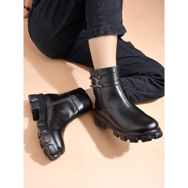 Shoetopia Smart Casual Side Buckle Detailed Black Boots for Women (EURO 38)