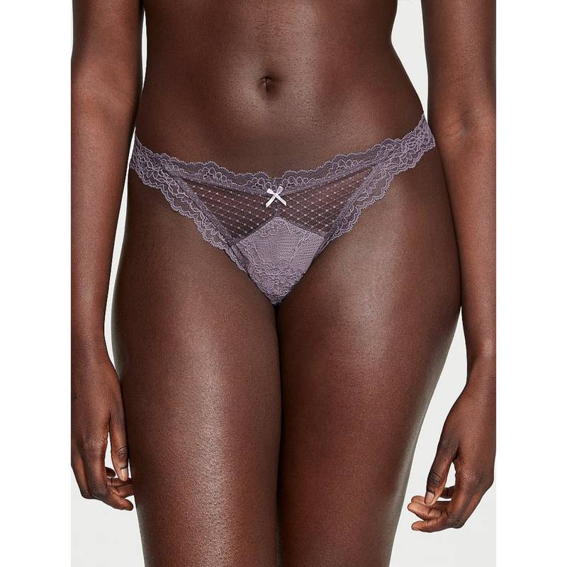 Victoria's Secret Dream Angels Lace and Mesh Thong Panty - Grey (L)