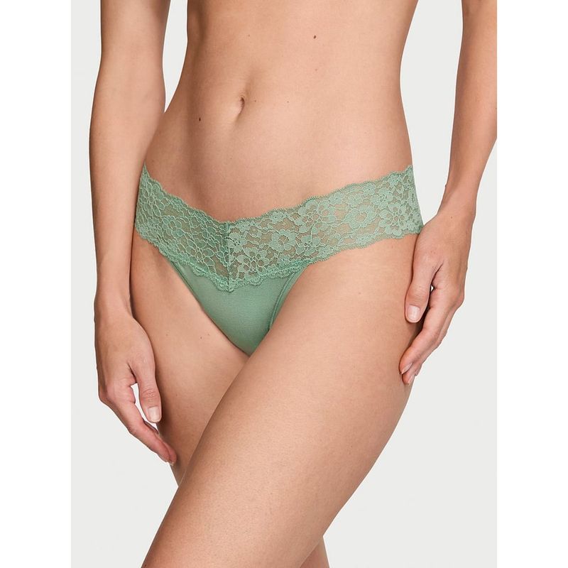 Victoria's Secret The Lacie Lace-Waist Cotton Thong Panty - Green (S)