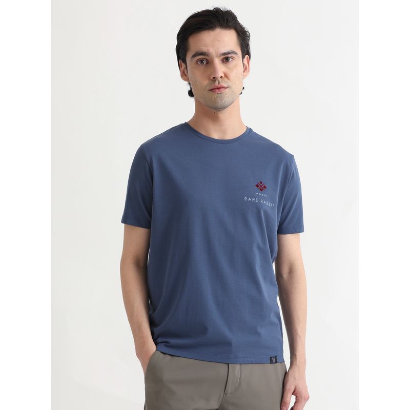 Rare Rabbit Blue Solid Graphic T-Shirt with Logo (XS)