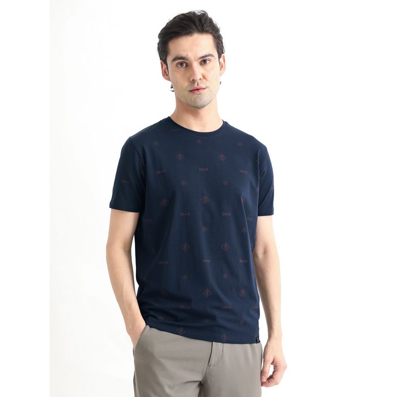 Rare Rabbit Navy Blue Monogram Printed T Shirt (S)