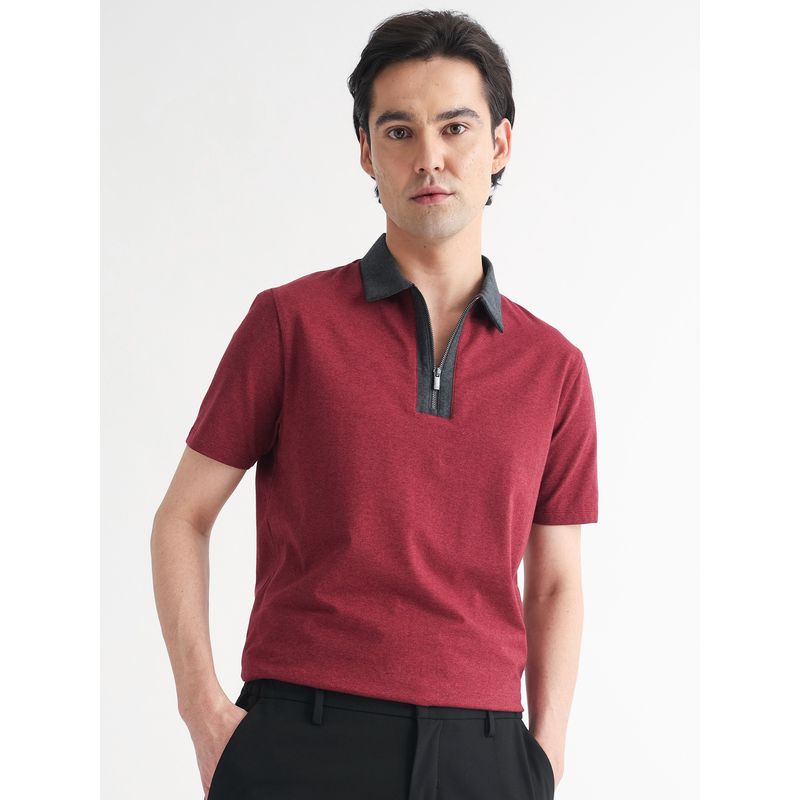 Rare Rabbit Red Melange Polo T-Shirt with Contrast Collar (XS)