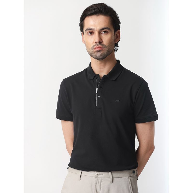 Rare Rabbit Black Smart Textured Zipper Polo T-Shirt (S)