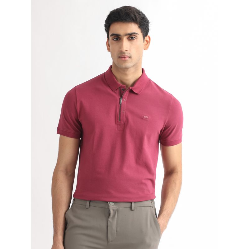 Rare Rabbit Pink Smart Textured Zipper Polo T-Shirt (L)