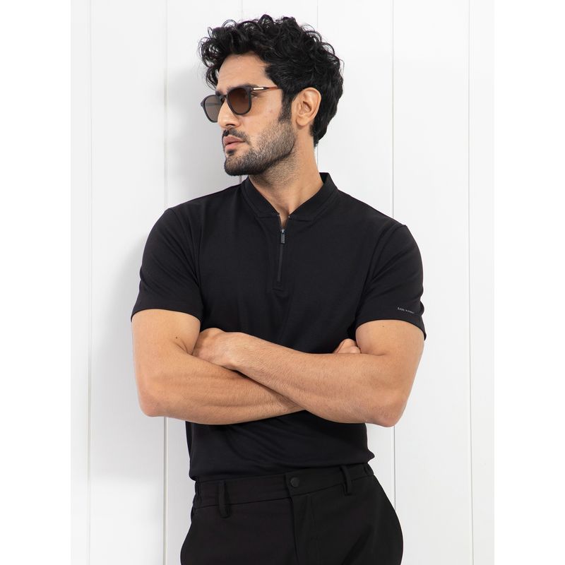 Rare Rabbit Black Smart Stand Collar Polo T-Shirt (M)