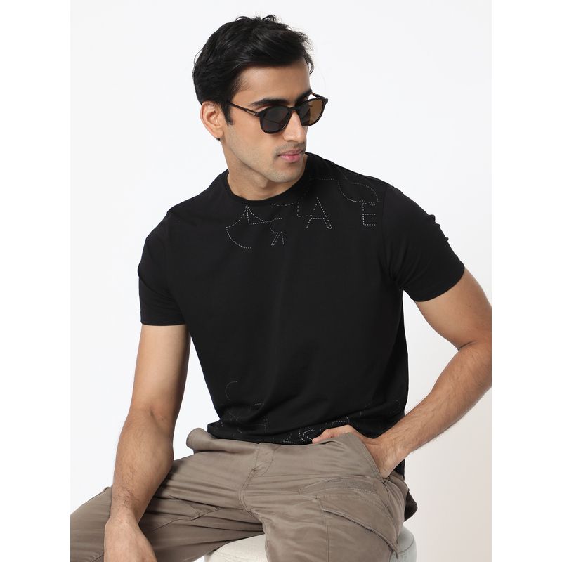 Rare Rabbit Black Premium Monogram Printed T-Shirt (2XL)