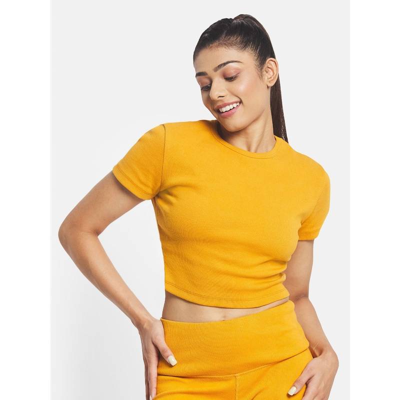 Kica Ribbed Cotton Half Sleeve Top For Yoga (3XL)