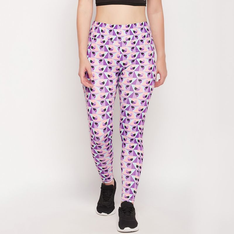 Clovia High Rise Geometric Print Active Tights in Purple with Side Pocket (S)