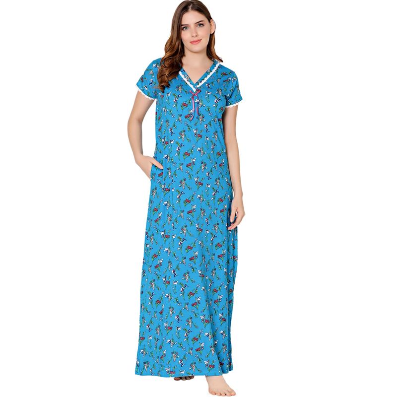 Bodycare Womens Combed Cotton V Neck Printed Long Night Dress -BSN10008 Blue (XL)