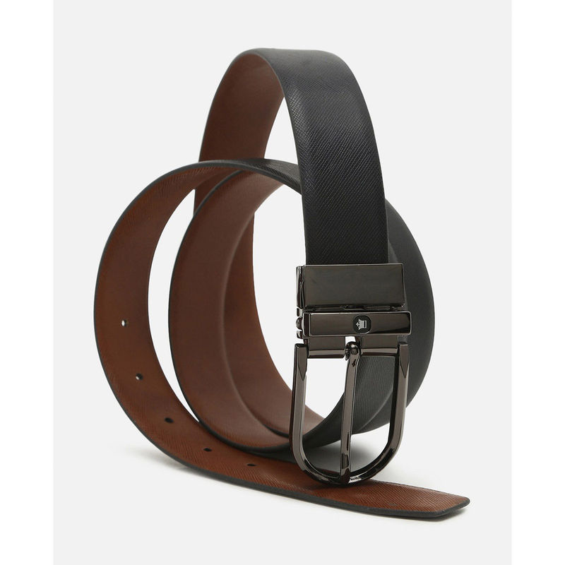 Louis Philippe Men Black Textured Genuine Leather Formal Reversible Belt (M)
