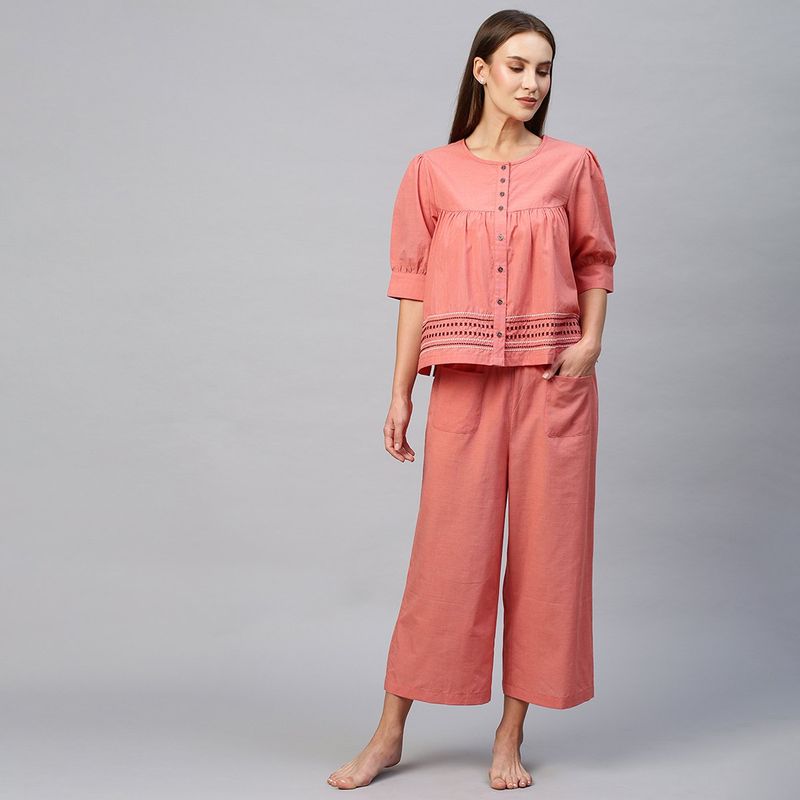 Chemistry Chambray Lounge Embroiderd Basque Top & Cropped Wide Leg Pajama-Peach (Set of 2) (2Xl)