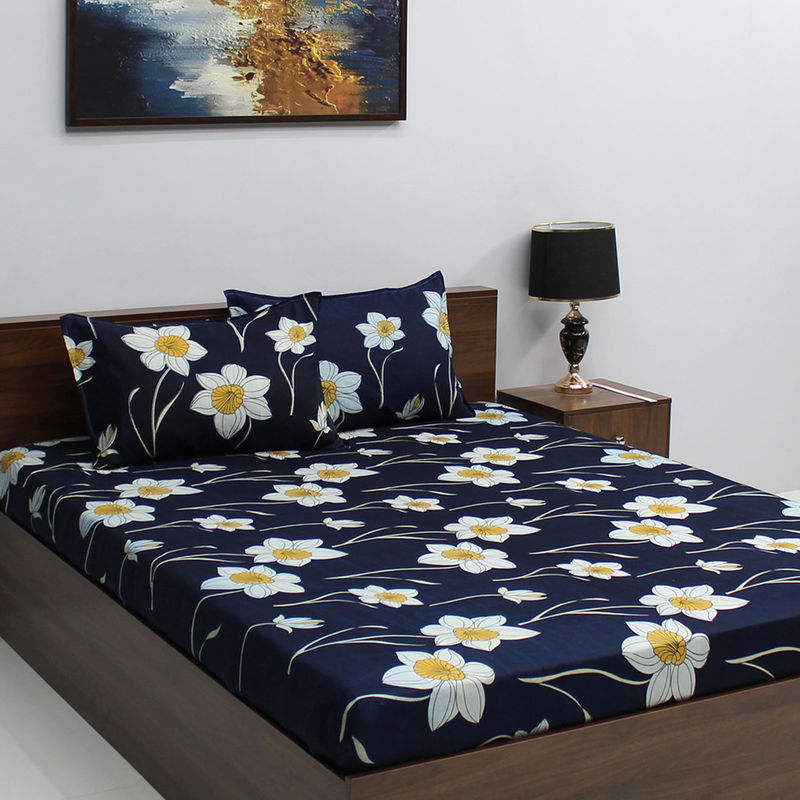 Buy Bombay Dyeing Vista 144 TC Microfiber Blue Double Bedsheet With 2
