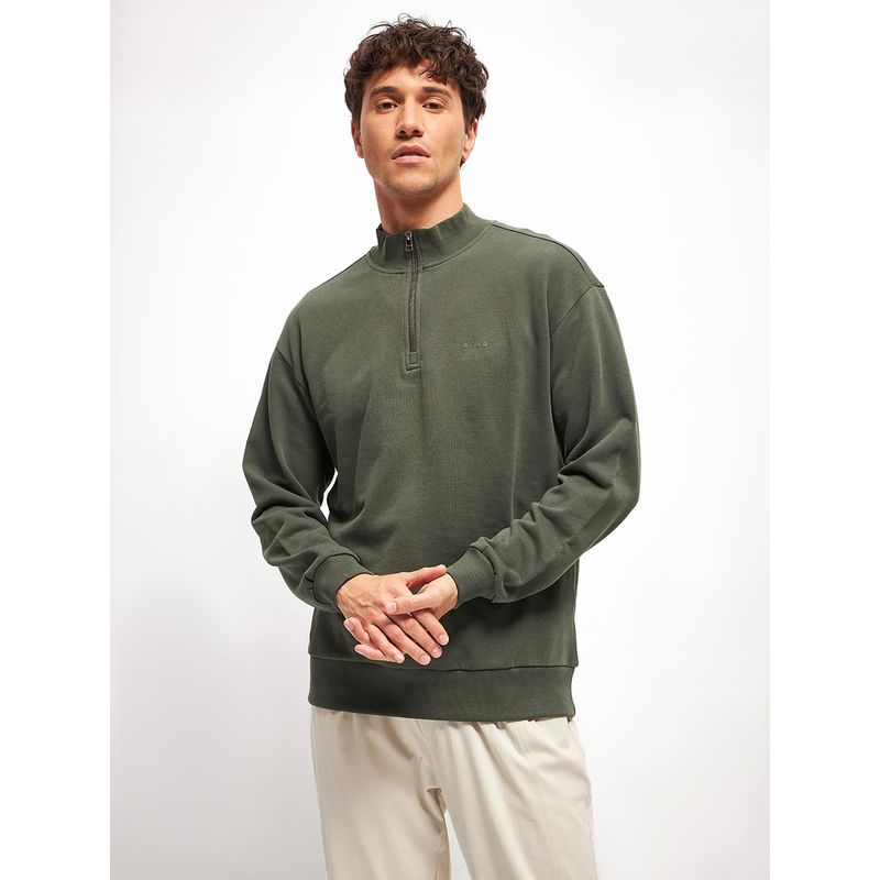 THE BEAR HOUSE Solid Cotton Relaxed Fit High Neck Olive Sweatshirt (2XL)