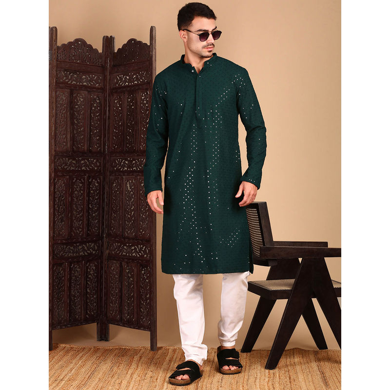 Sanwara Shimmering Men's Deep Green Kurta with Pant (M)
