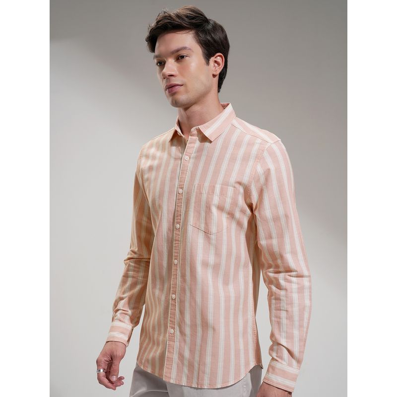 HIGHLANDER Cotton Blend Stripes Peach Shirt (L)