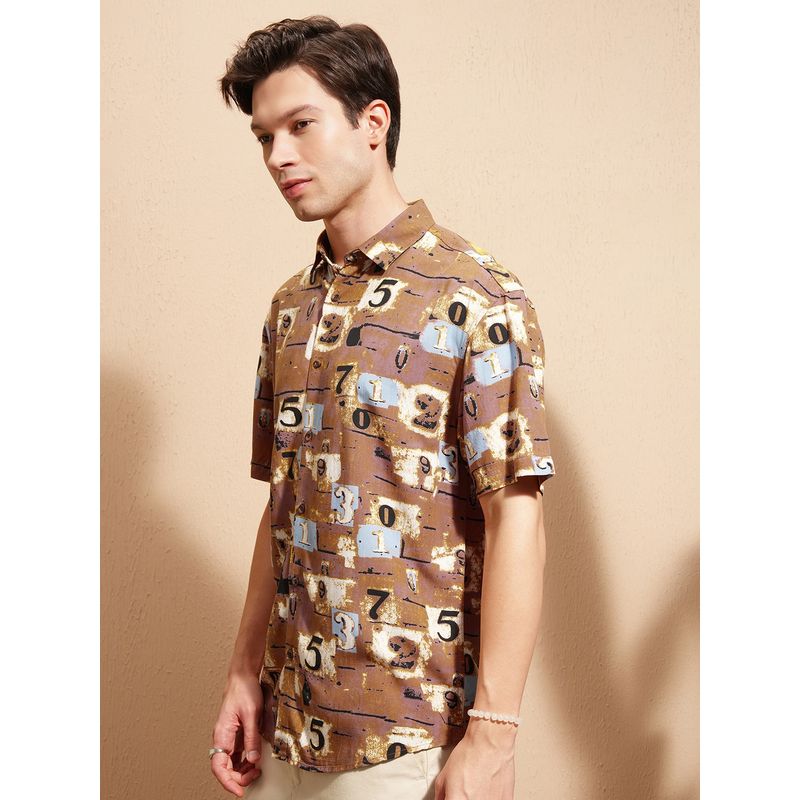 HIGHLANDER Rust Printed Relaxed Fit Casual Shirt (L)