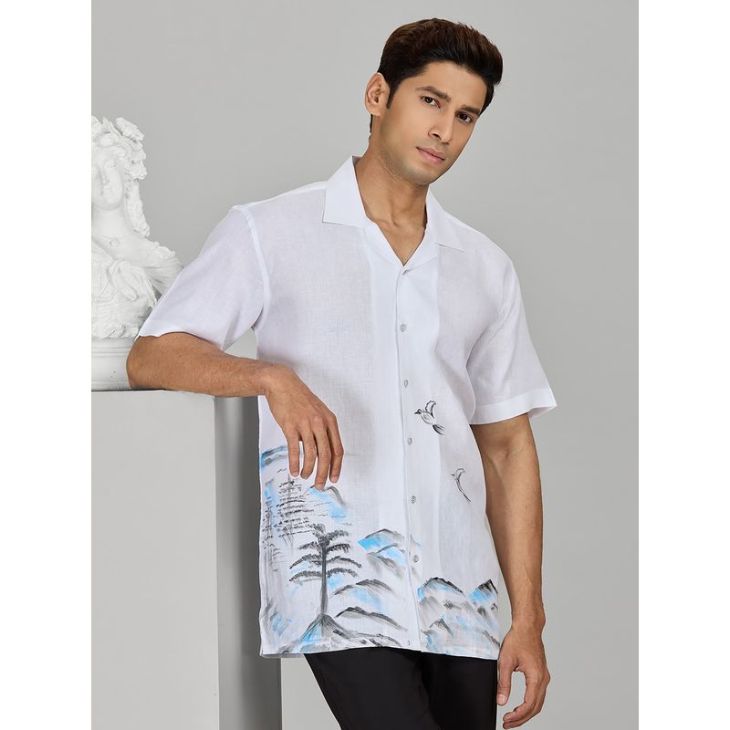 Albino White Linen Casual Half Sleeves Shirt (M)